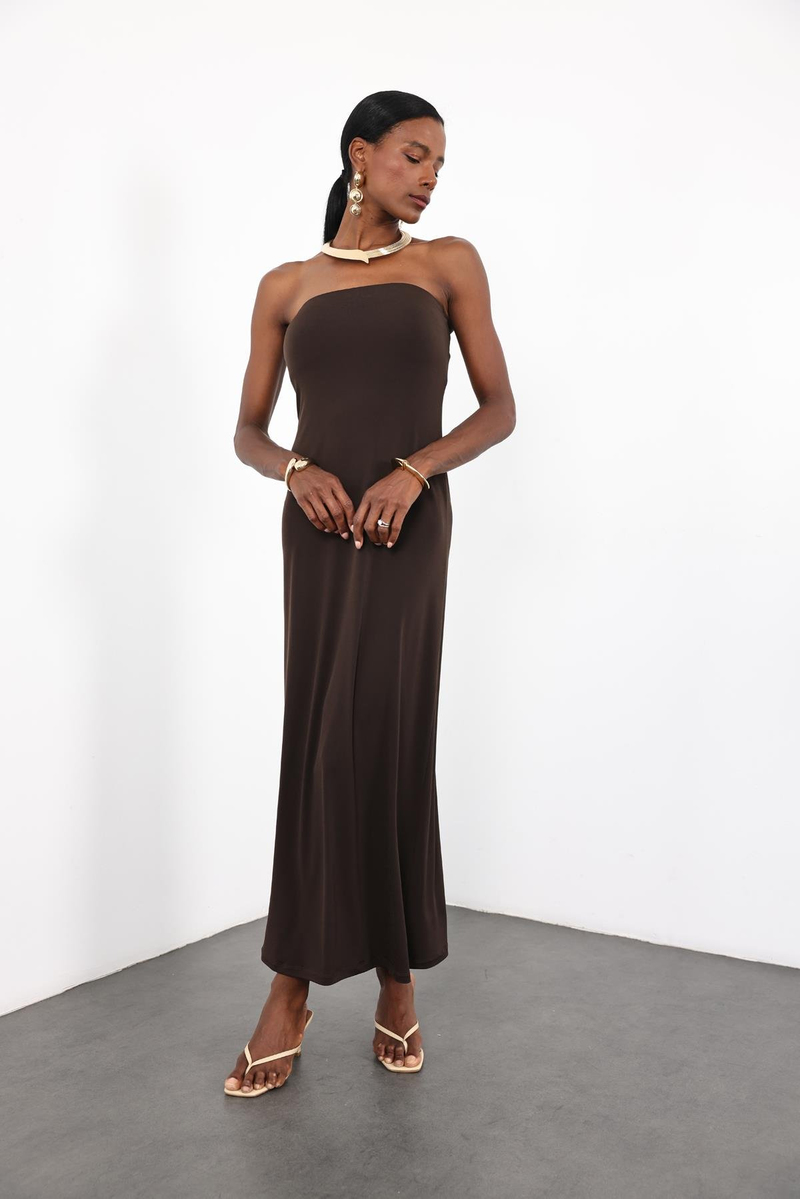 Acı Kahve Straplez Bodycon Elbise 