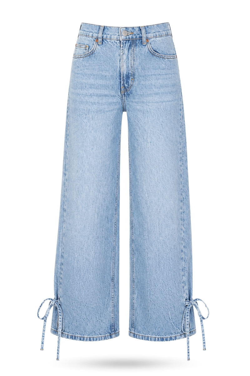 Açık Mavi Bağlama Detaylı Barrel Jean 