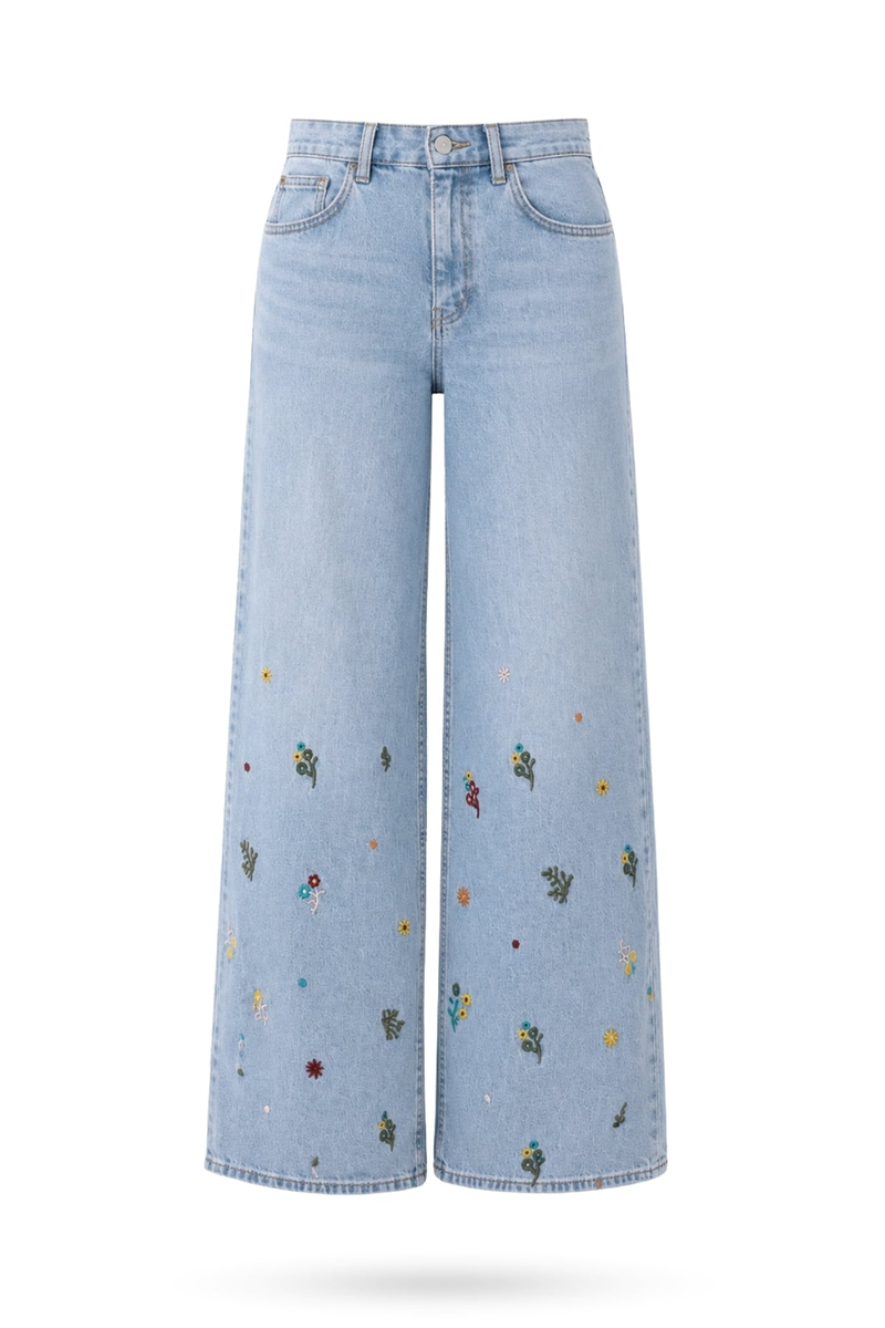 Açık Mavi Nakış İşlemeli Wide Leg Jean 1031