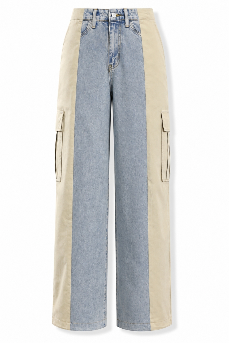 Açık Mavi Renk Bloklu Wide Leg Jean 