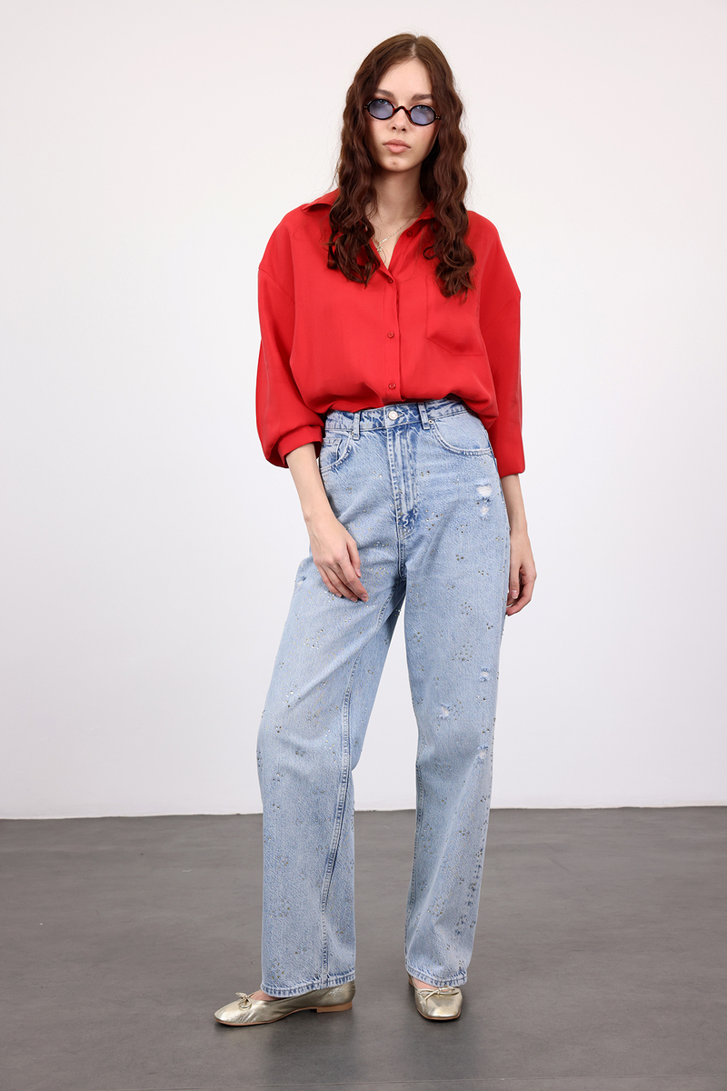 Açık Mavi Taşlı Wide Leg Jean 8188