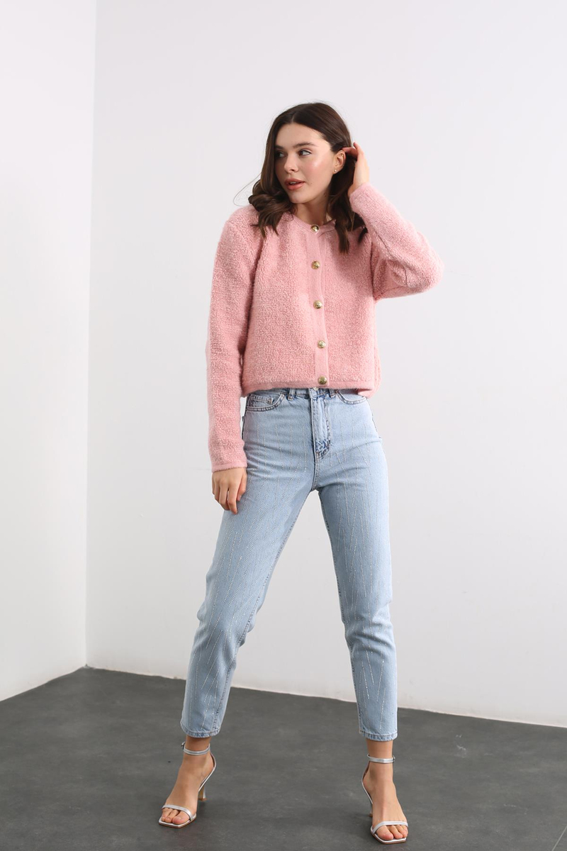 Açık Mavi Ultra Yüksek Bel Taşlı Mom Jean 1084