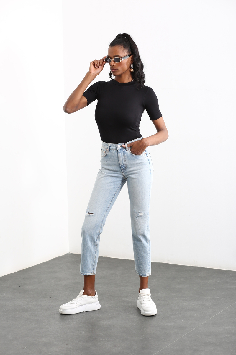 Açık Mavi Yüksek Bel Dizi Yırtık Boyfriend Jean 