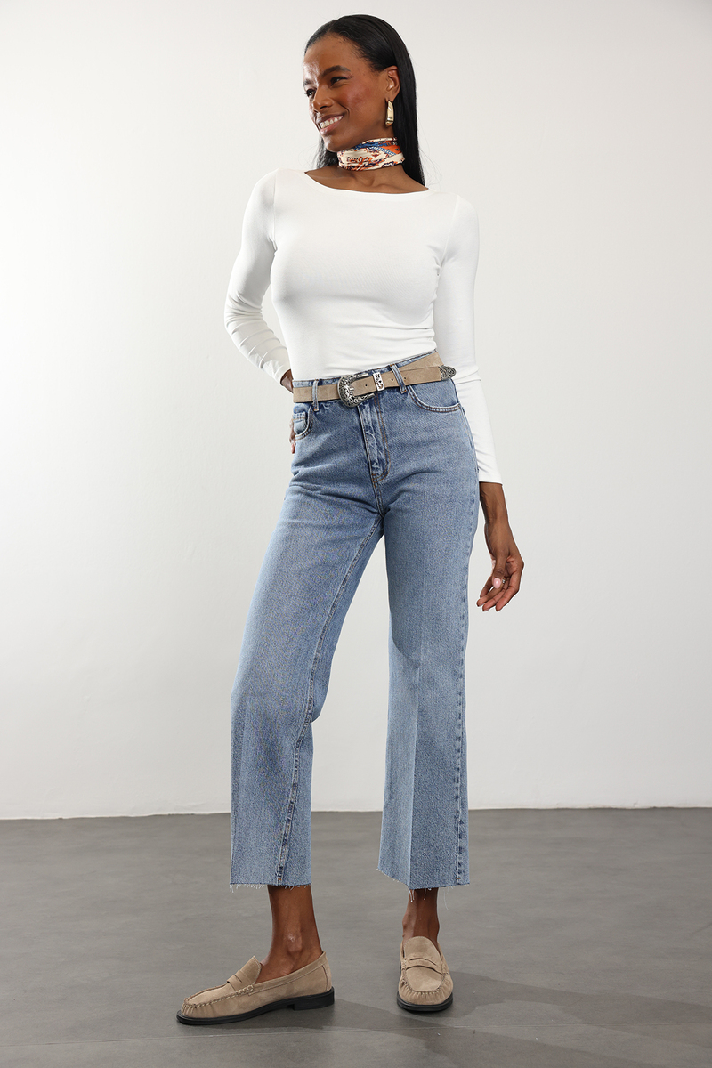 Açık Mavi Yüksek Bel Mini Flare Jean 2005
