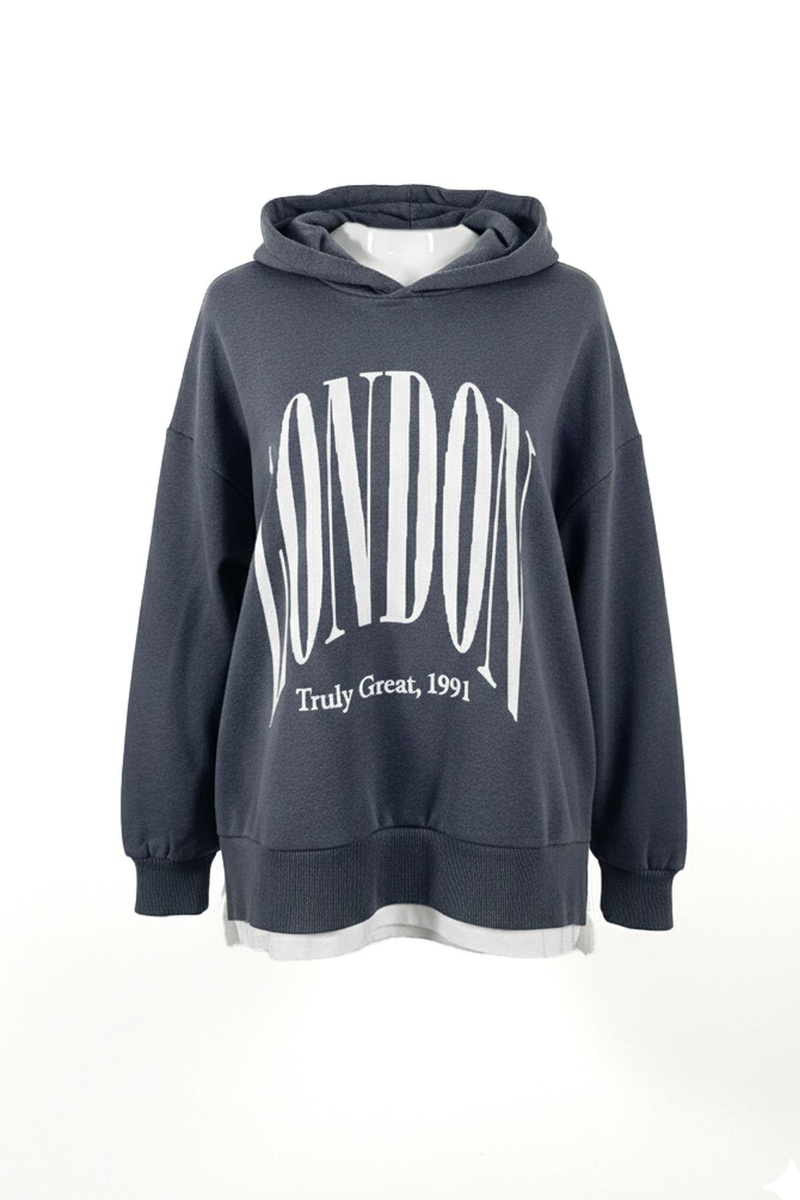 Antrasit London Baskılı Kapüşonlu Sweatshirt 01407