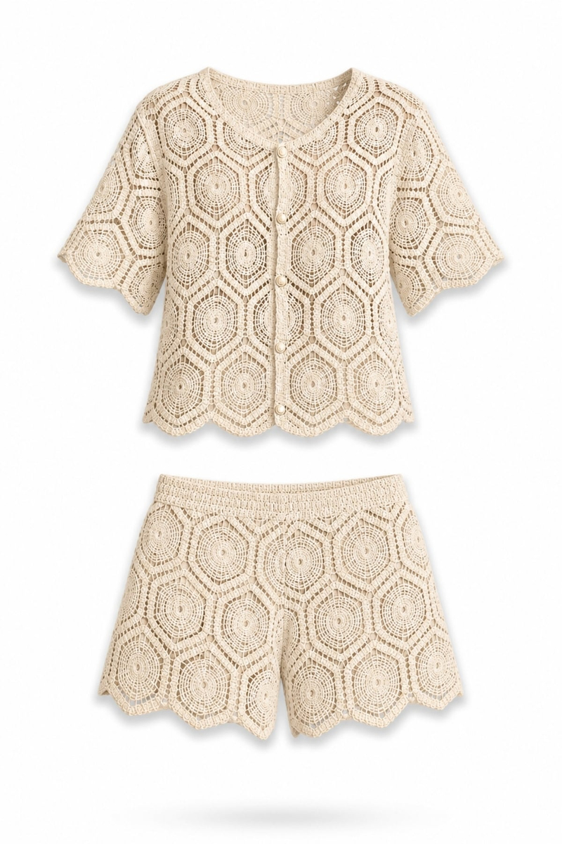Bej Kroşe Örgü Bluz Şort Takım 