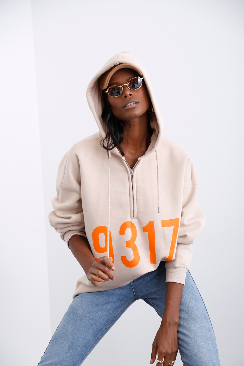 Bej Şardonlu Baskılı Sweatshirt 0091
