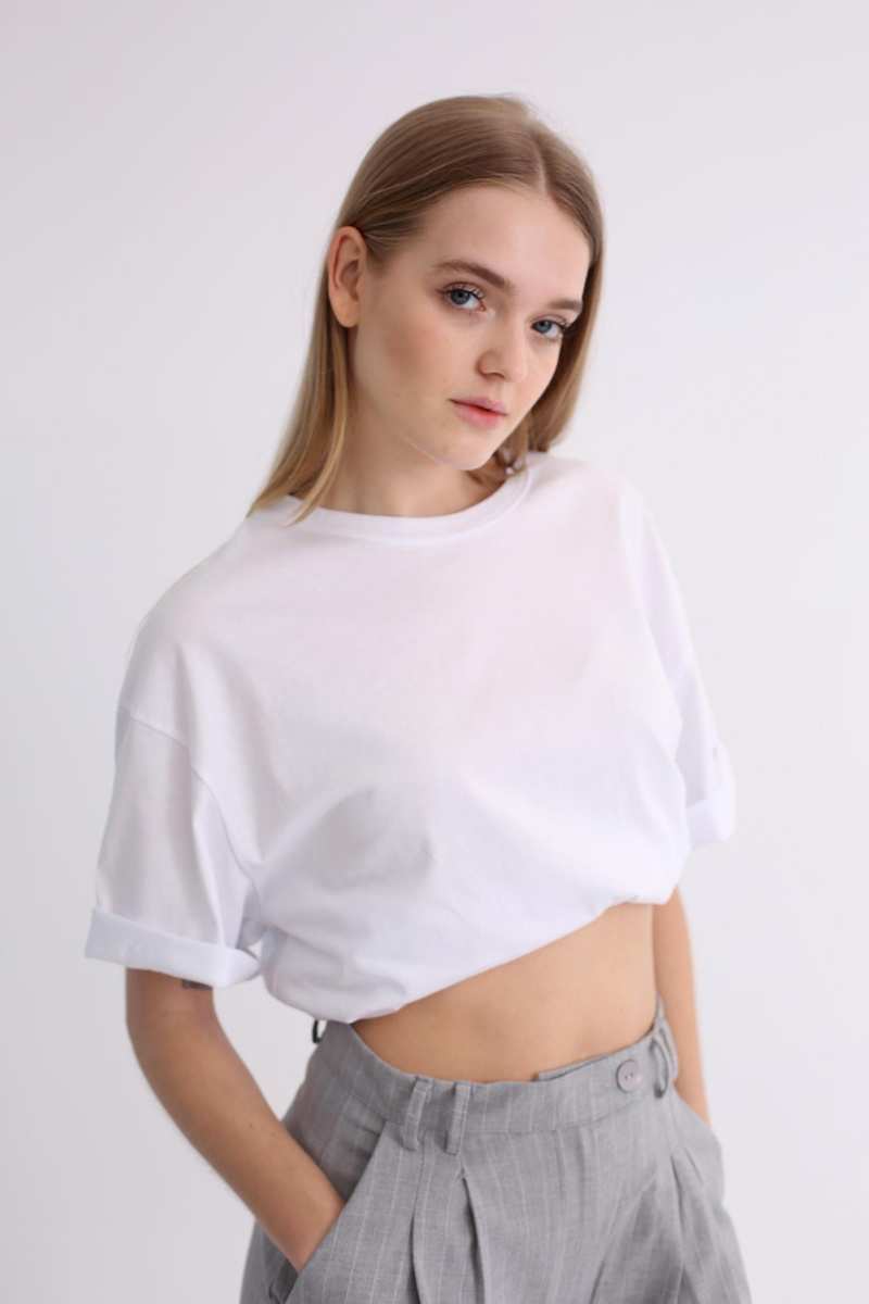 Beyaz Bisiklet Yaka Oversize Tshirt 