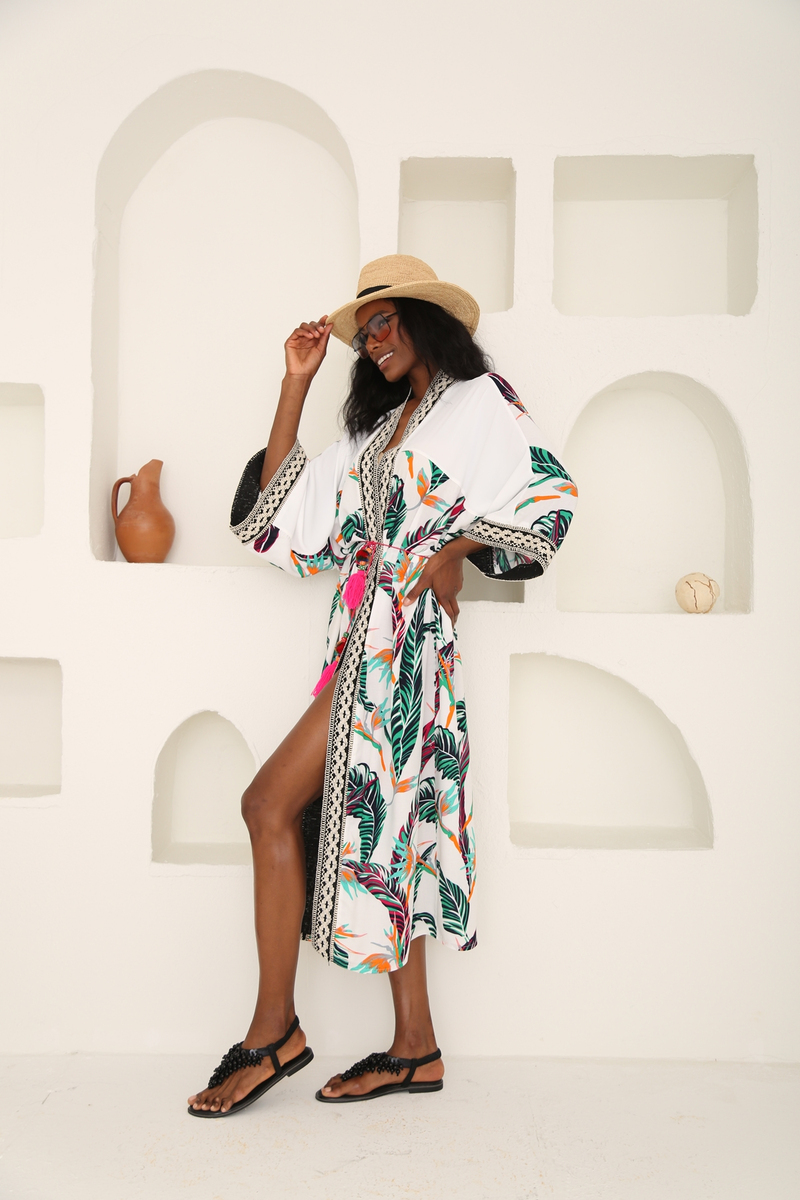 Beyaz Desenli Kimono 