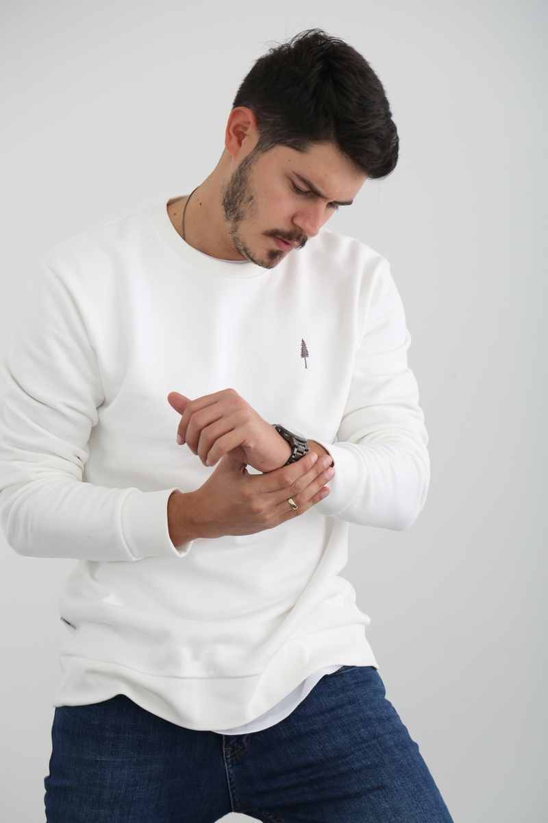 Beyaz Erkek Şardonlu Basic Sweatshirt 863