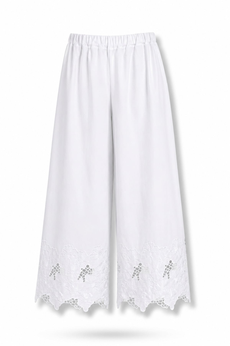 Beyaz Fisto İşlemeli Geniş Paça Pantolon 1760
