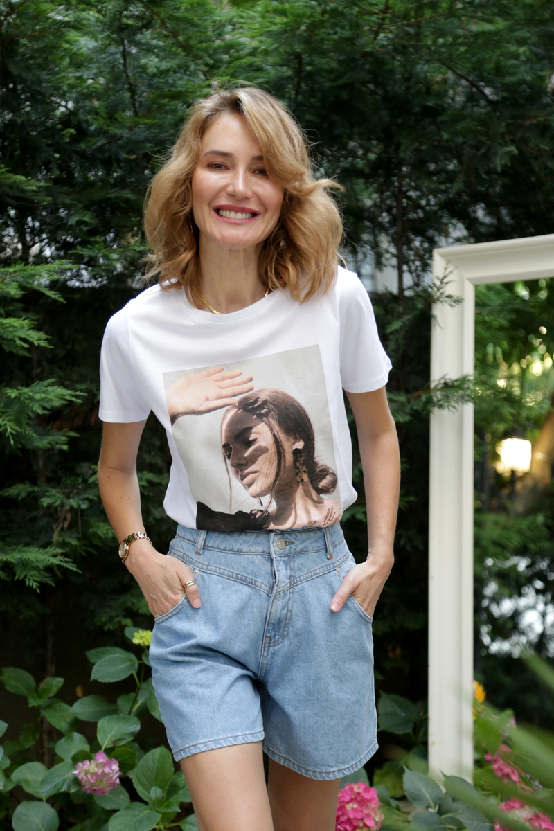 Beyaz Kısa Kol Baskılı Tshirt 