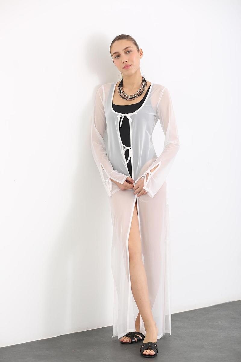 Beyaz Maxi Boy Tül Kimono 