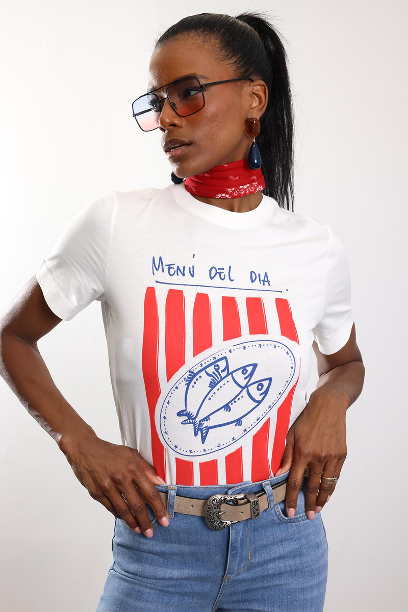 Beyaz Menu Del Dıa Baskılı Tişört 