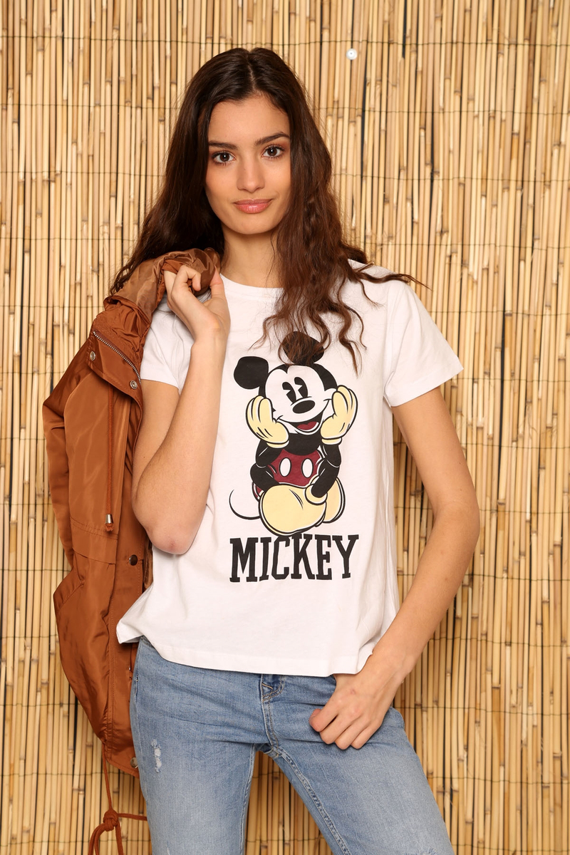 Beyaz Mickey Baskılı Basic Tshirt