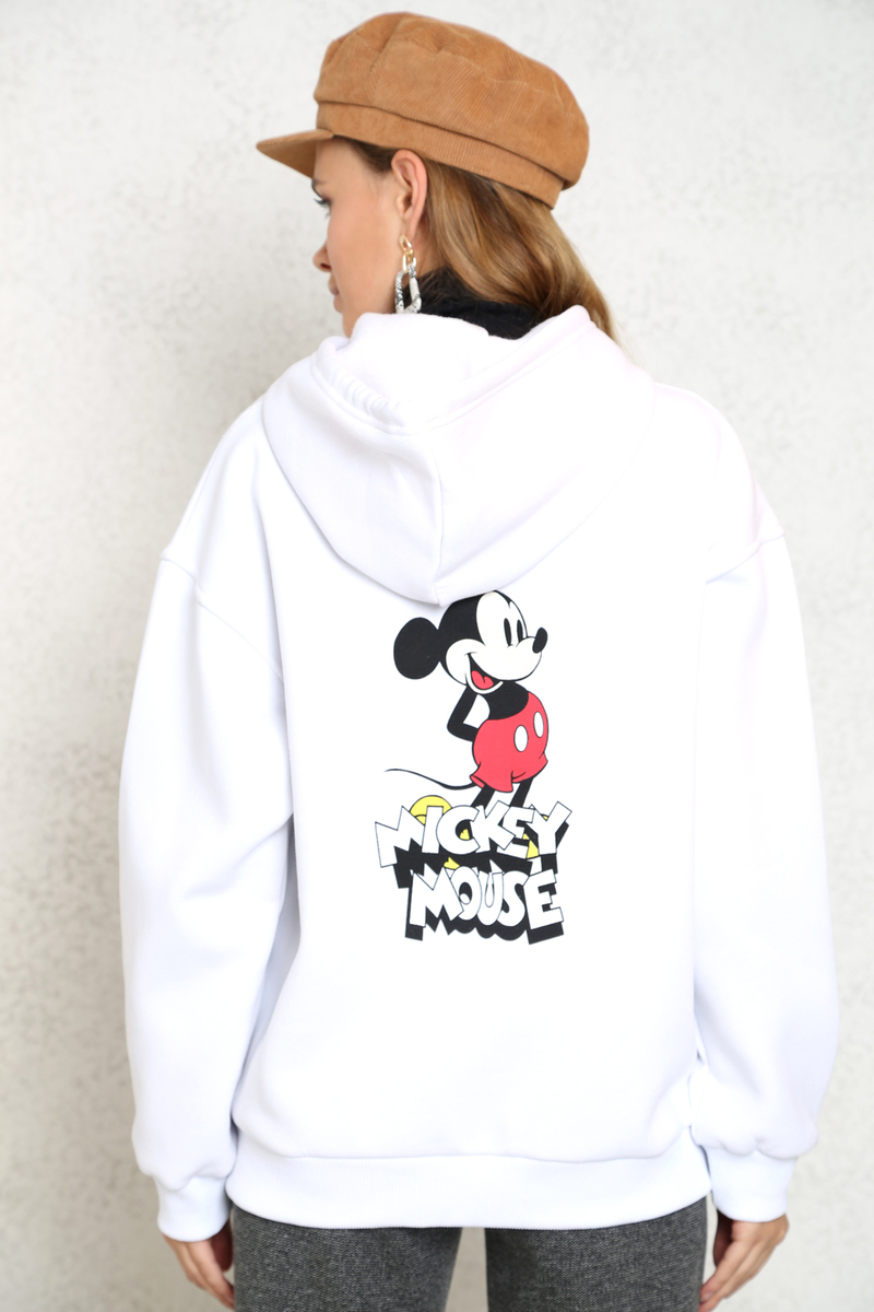 Beyaz Mickey Mouse Baskılı Kapşonlu Sweatshirt