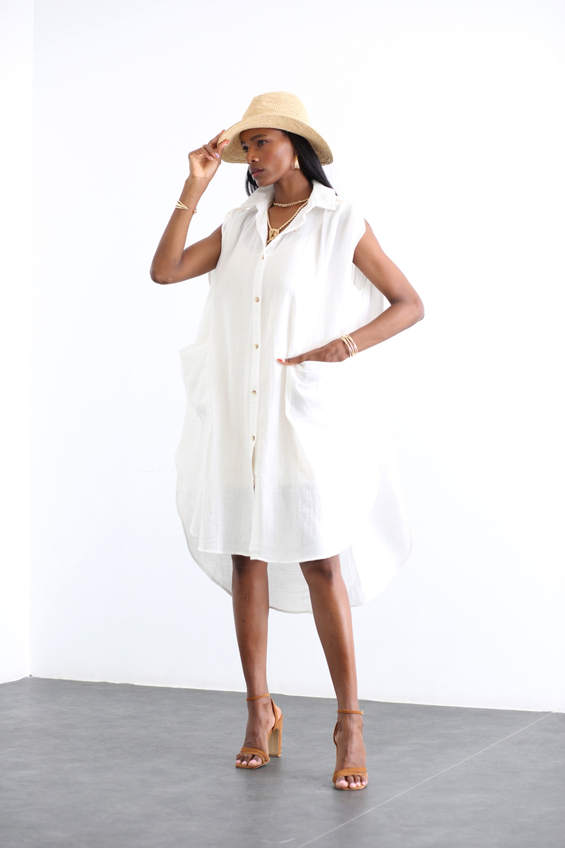 Beyaz Oversize Müslin Gömlek Elbise 3133