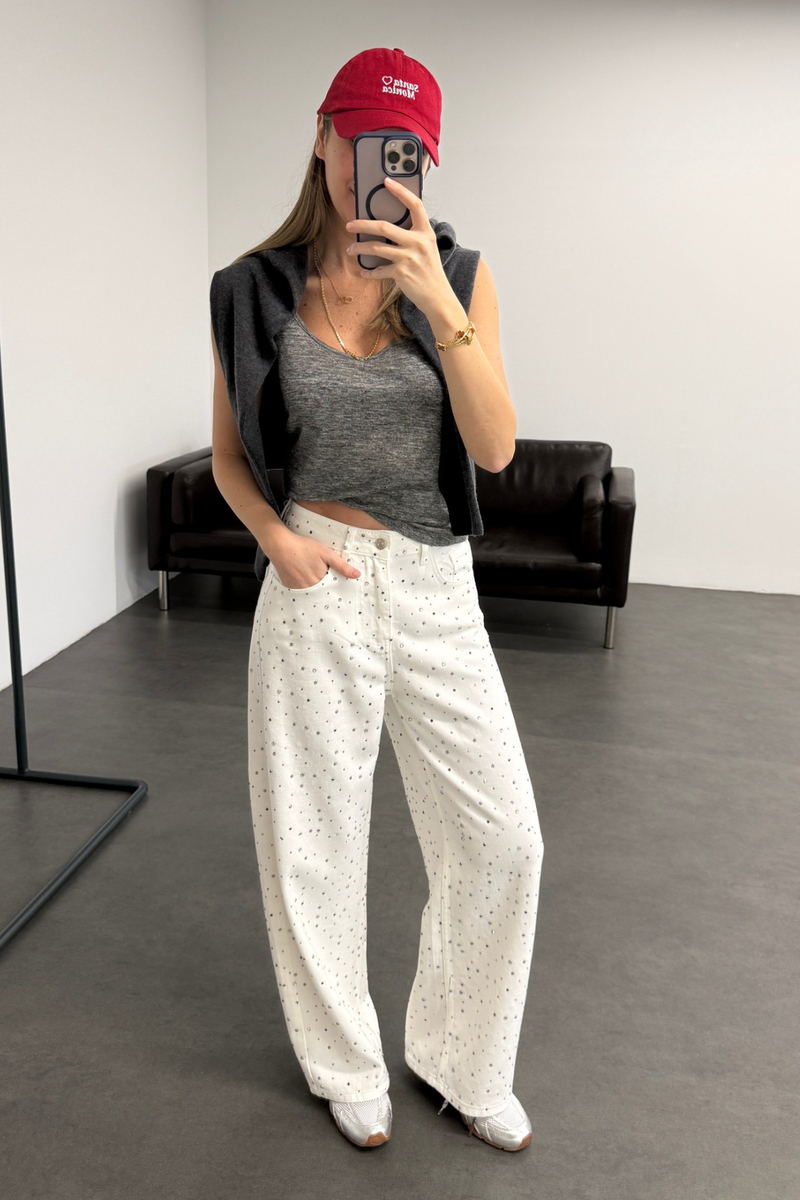 Beyaz Taşlı Wide Leg Jean 0026