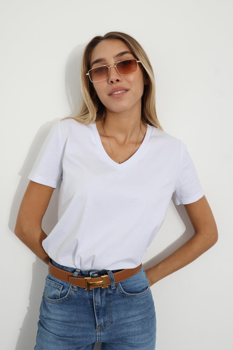 Beyaz V Yaka Basic Tişört 7498
