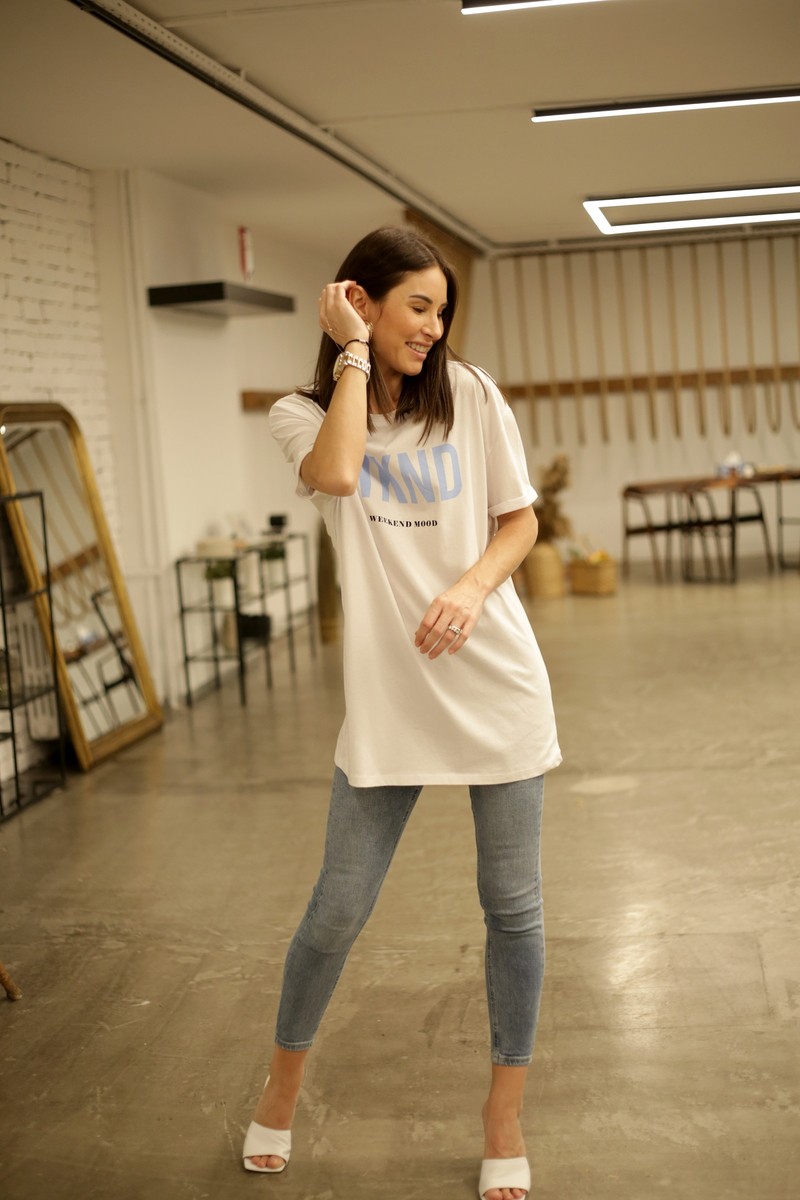Beyaz WKND Baskılı Tshirt 