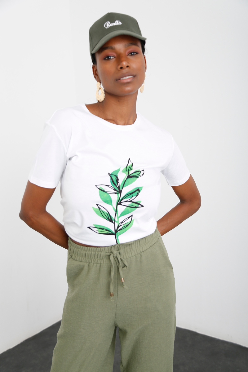 Beyaz Yaprak Baskılı Tshirt 4231