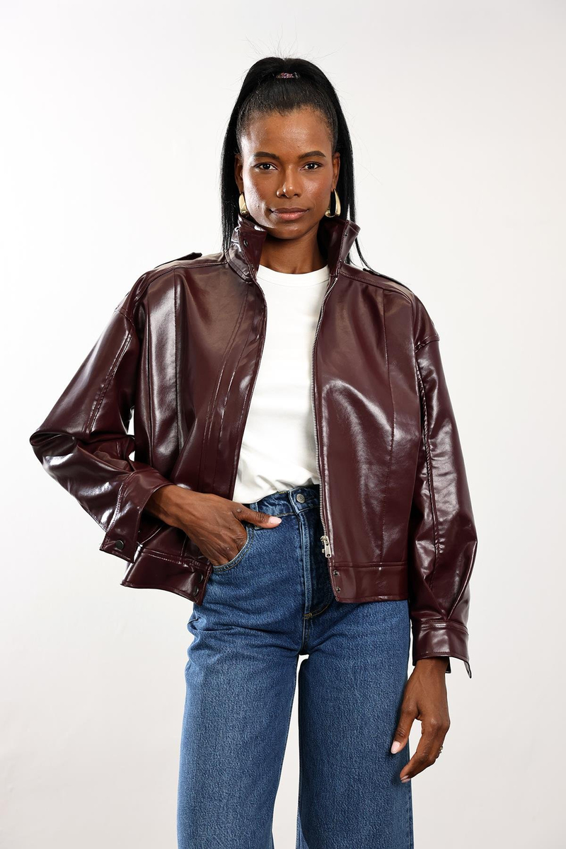 Bordo Deri Bomber Ceket 0618