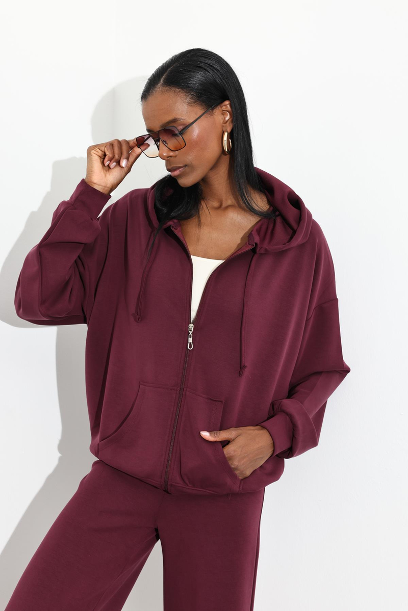 Bordo Fermuarlı Sweatshirt Eşofman Takım 
