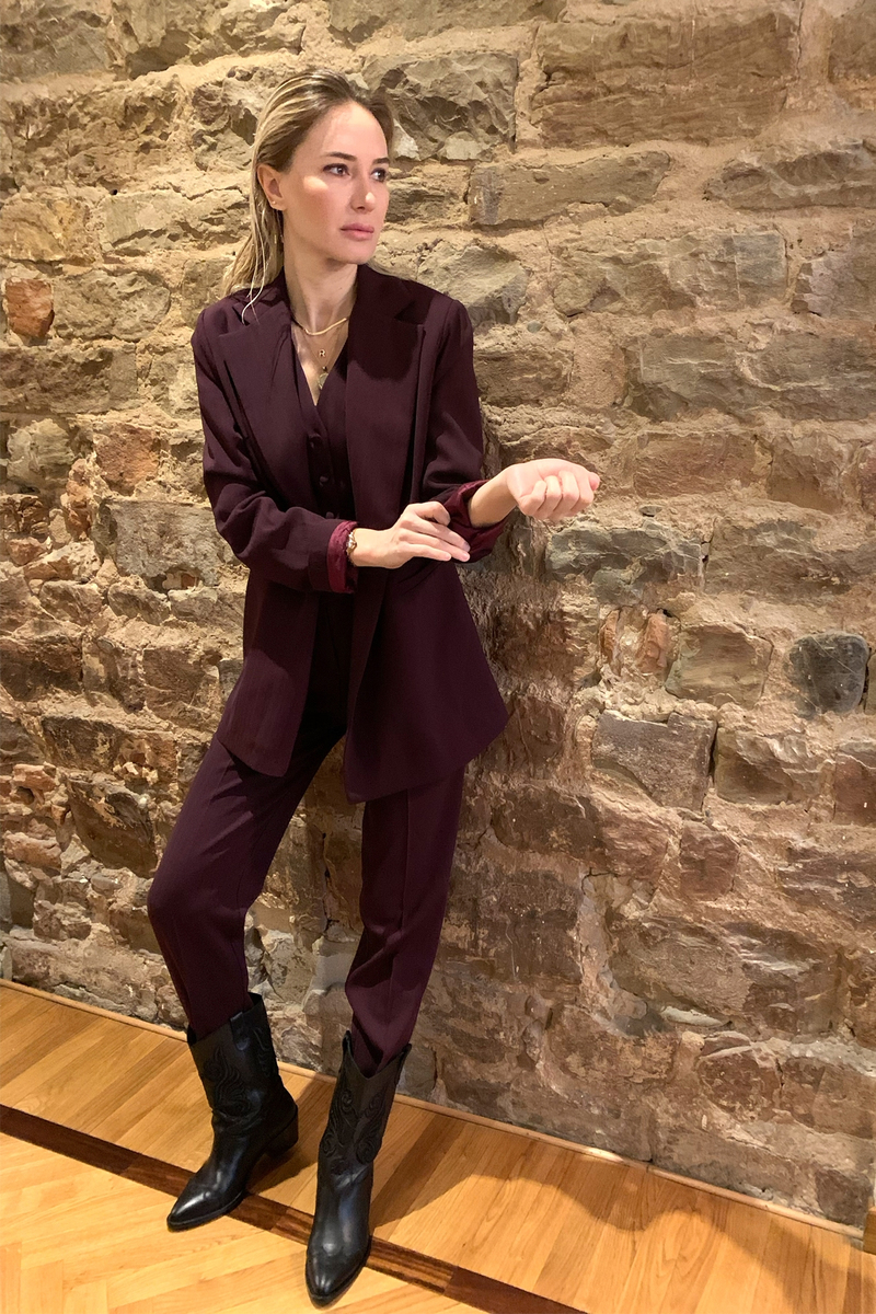 Bordo Jakarlı Krep Pantolon 