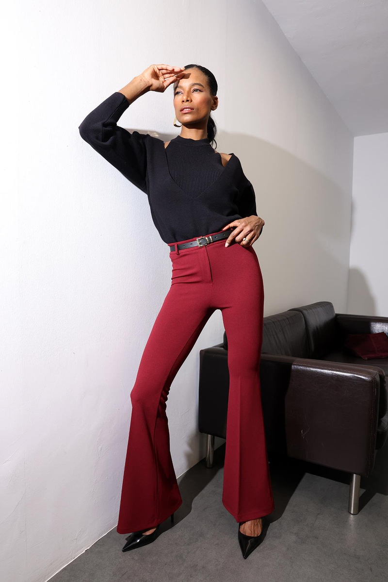 Bordo Kemerli Likralı İspanyol Kumaş Pantolon 2076