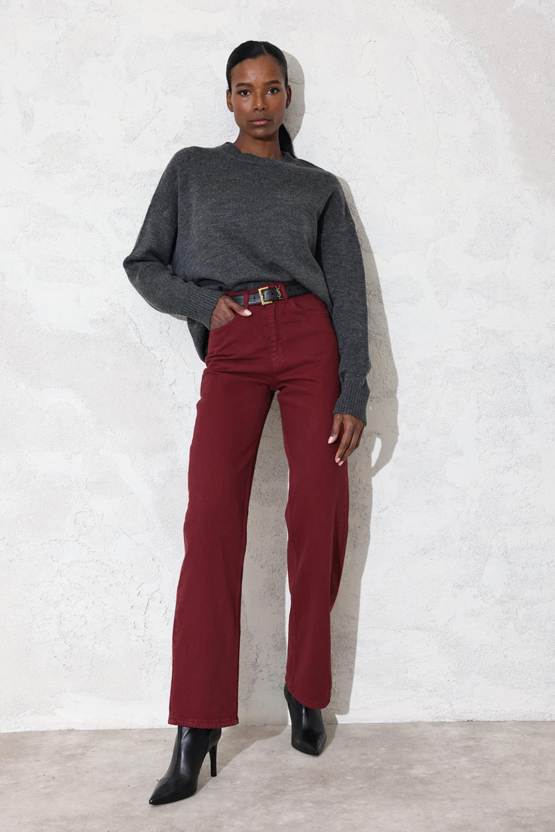 Bordo Yüksek Bel Straight Jean 
