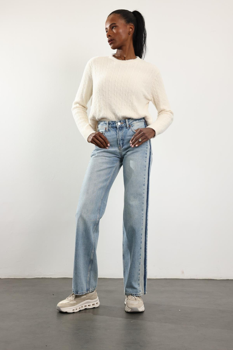 Buz Mavi Orta Bel Wide Leg Jean 