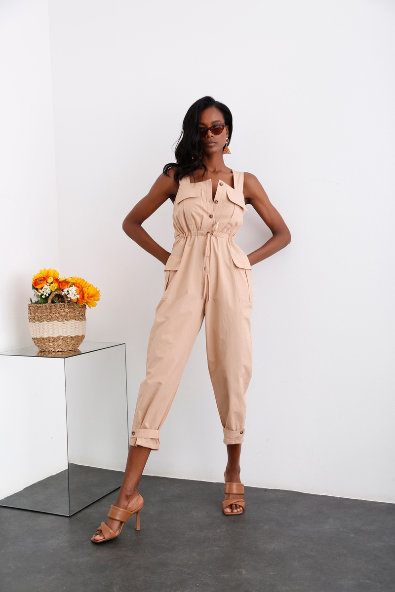 Camel Beli Büzgülü Askılı Tulum 79010