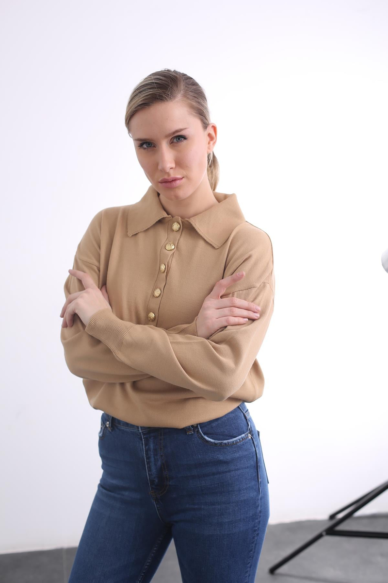 Camel Gold Düğmeli Polo Yaka Kazak 05100