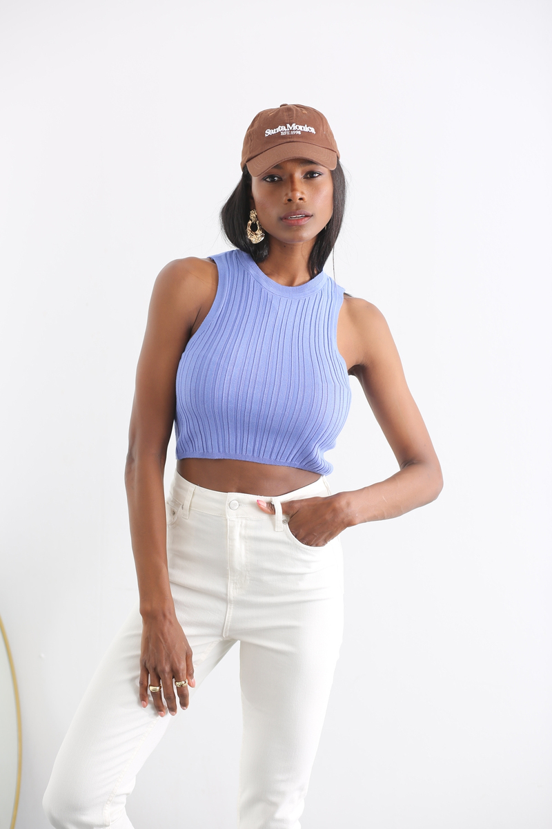 Eflatun Fitilli Triko Crop 
