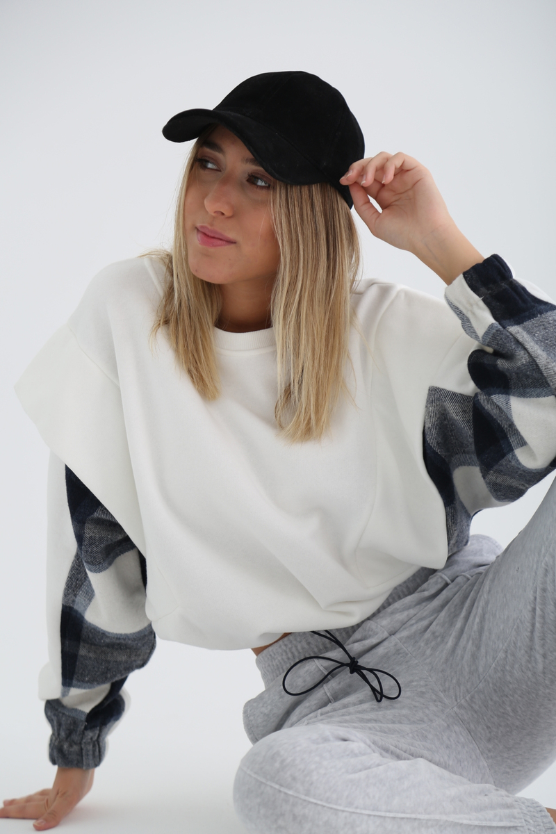 Ekru Beli Büzgülü Şardonlu Ekoseli Sweatshirt 7327
