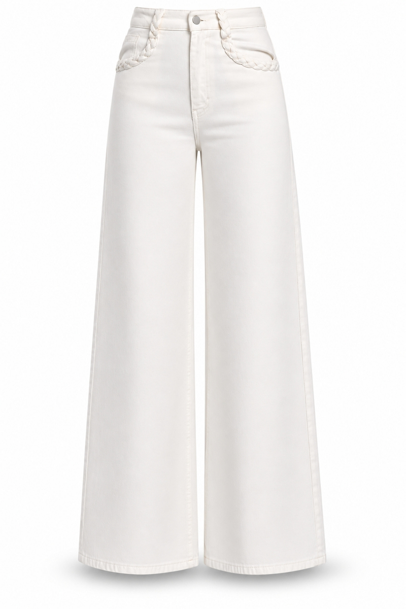 Ekru Cebi Örgü Detaylı Wide Leg Jean 1499