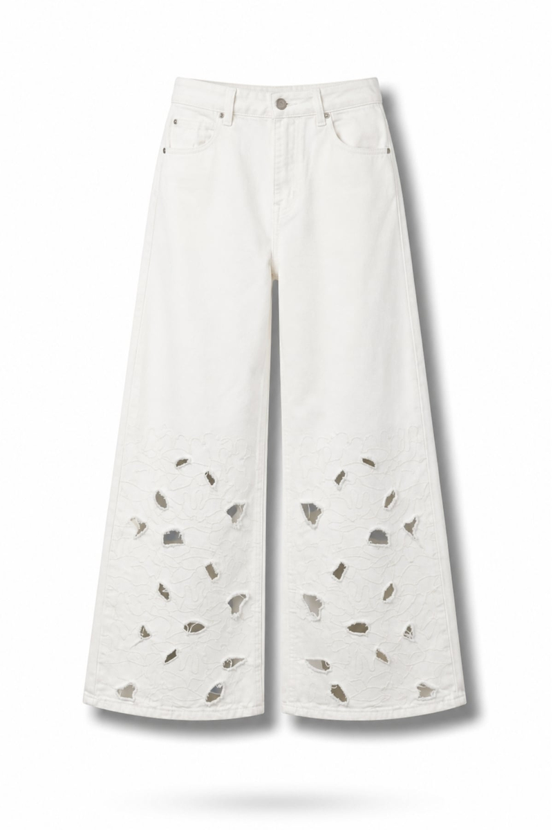 Ekru Çiçek İşlemeli Wide Leg Jean 8272