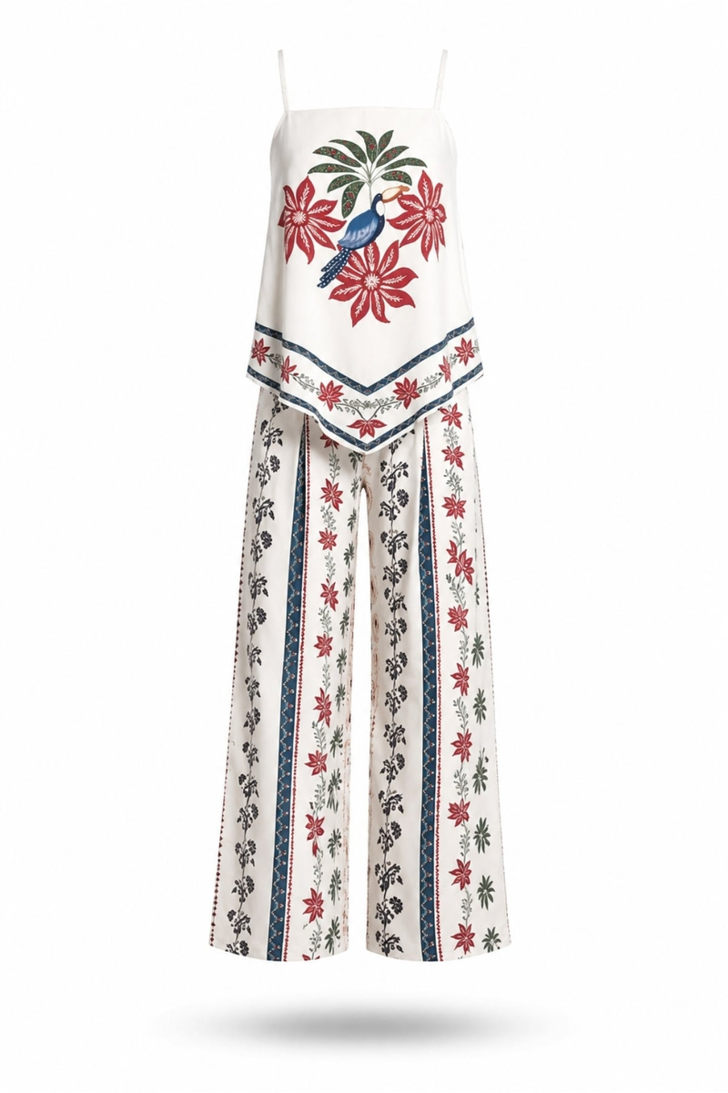 Ekru Desenli Bluz Pantolon Takım 9005