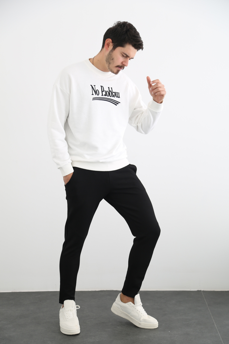 Ekru Erkek No Problem Baskılı Sweatshirt 21592