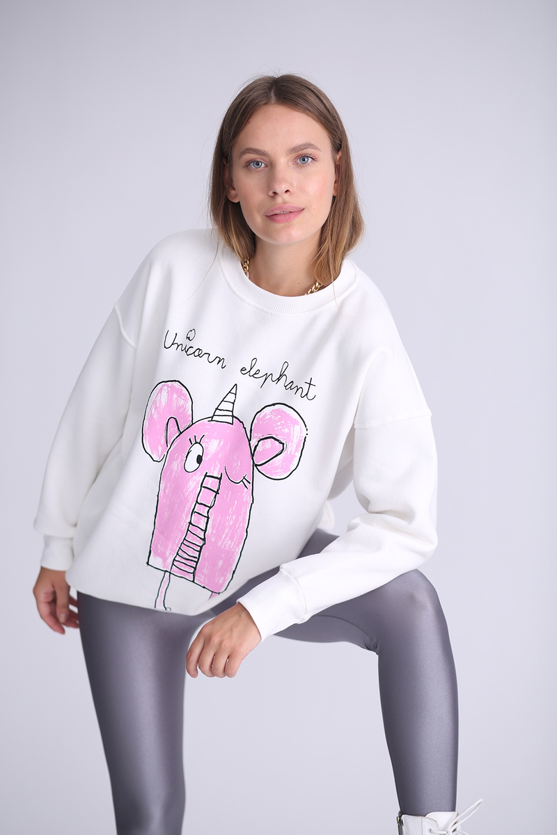 Ekru Fil Baskılı Şardonlu Sweatshirt 3203