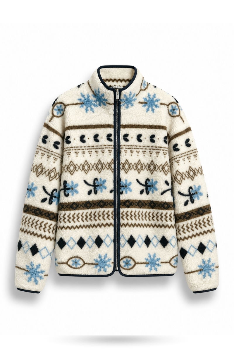 Ekru Geometrik Desenli Polar Ceket 22888