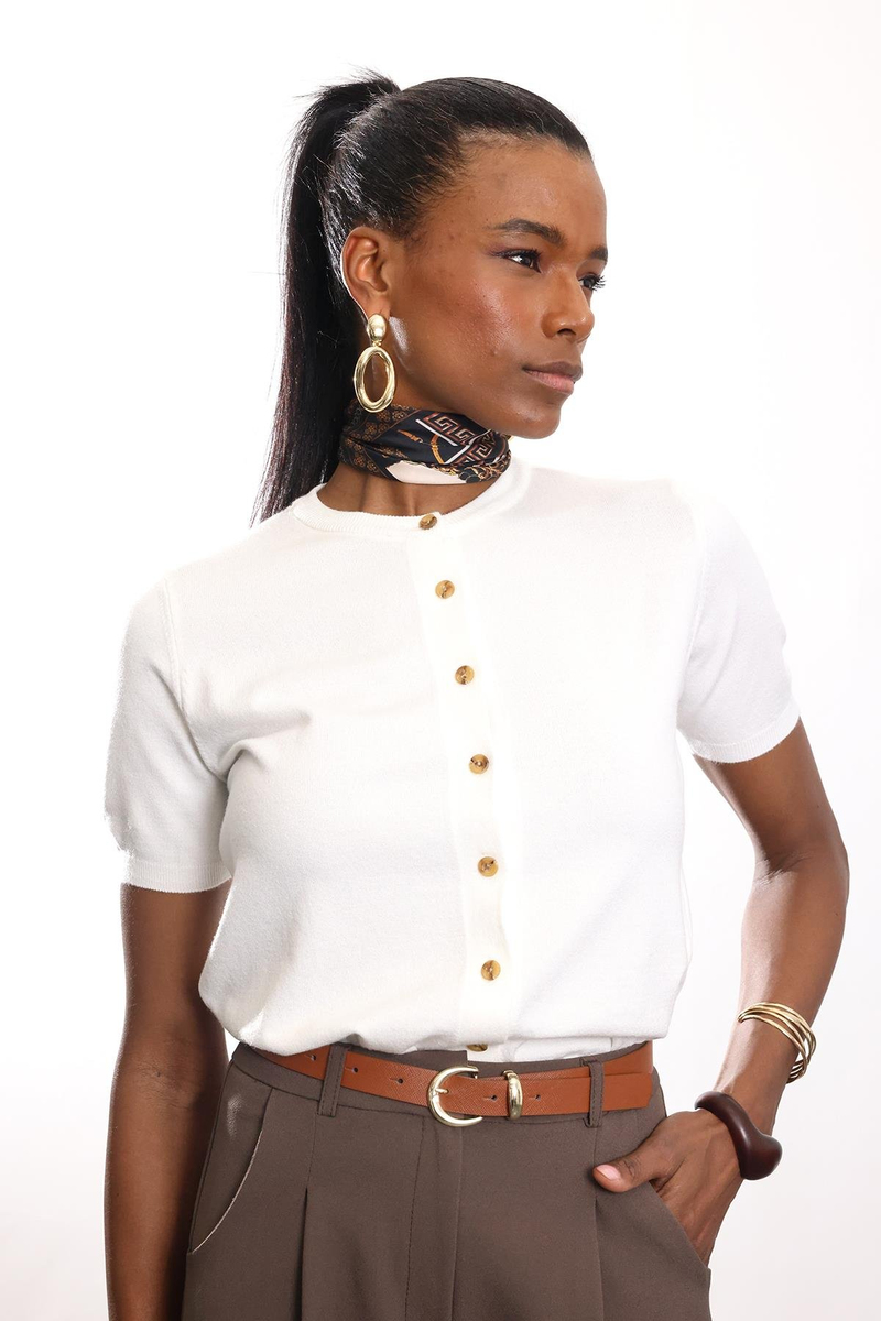 Ekru Kısa Kollu Triko Hırka 