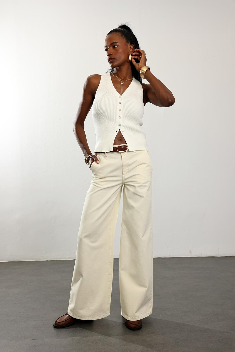 Ekru Klasik Wide Leg Jean 