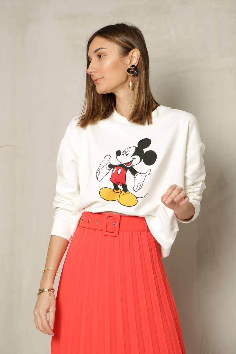 Ekru Mickey Mouse Baskılı Kısa Sweatshirt 