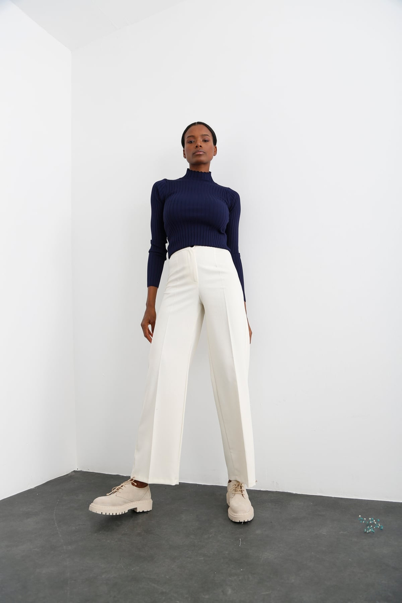 Ekru Pensli Geniş Paça Pantolon 3599