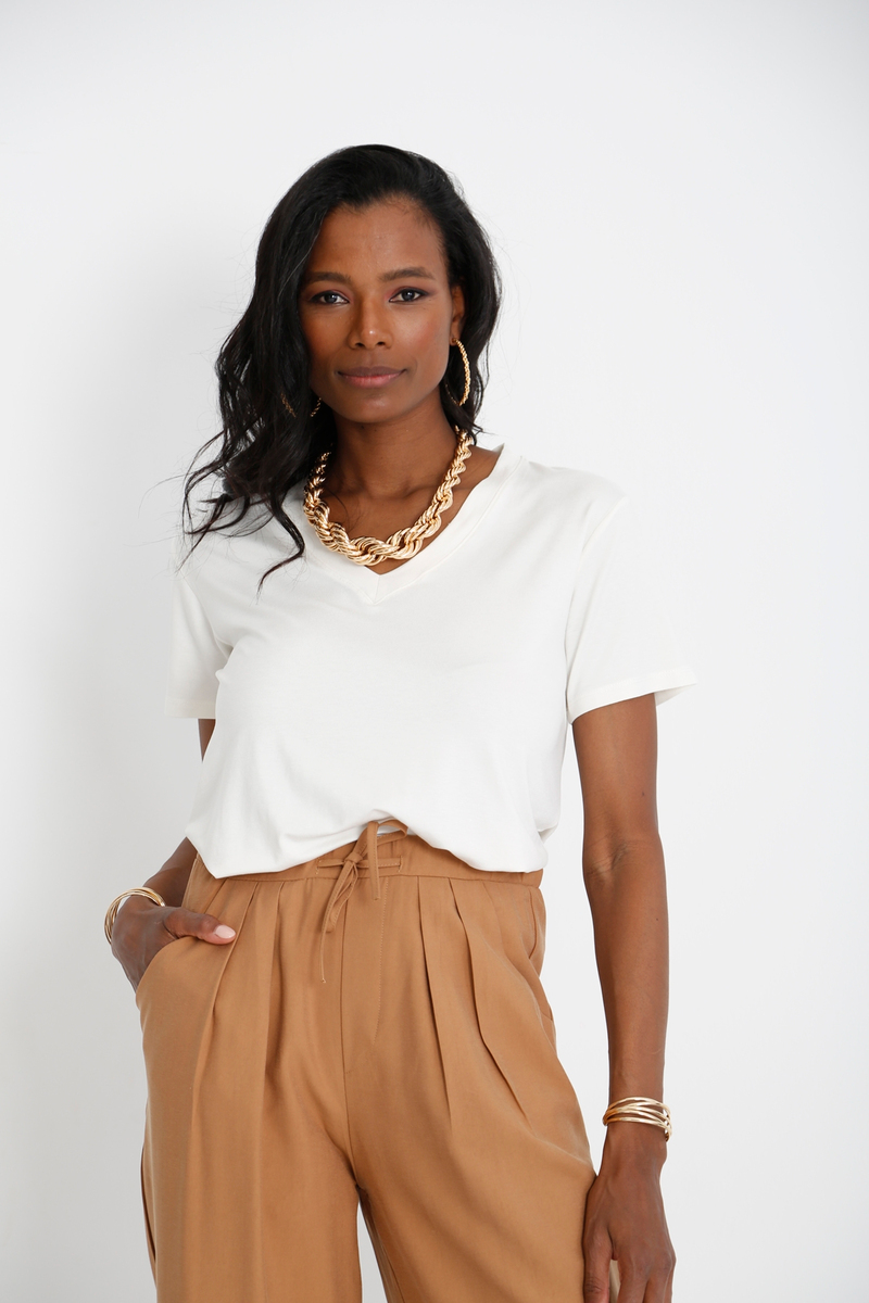 Ekru V Yaka Basic Tshirt 25070