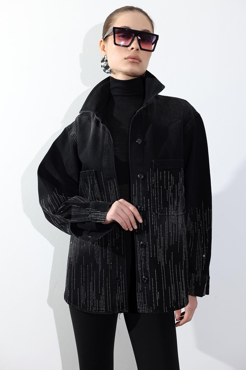 Füme Taş İşlemeli Denim Ceket 5103