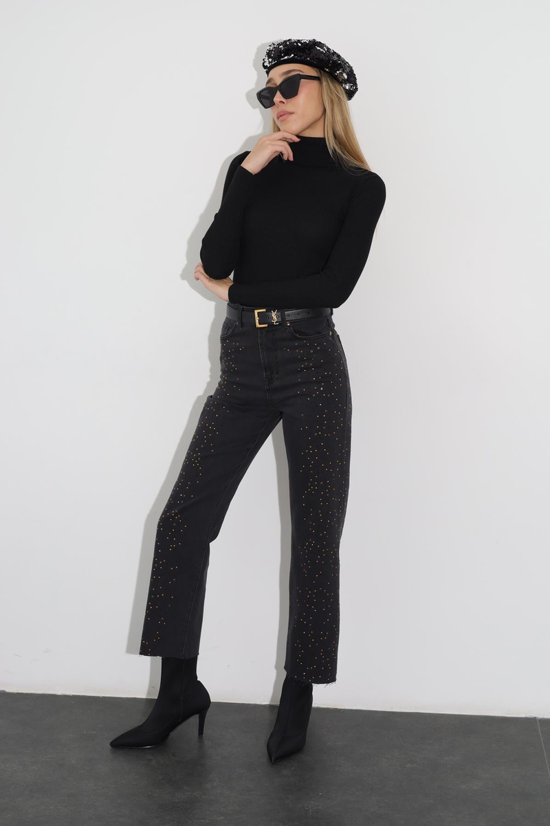 Füme Yüksek Bel Taşlı Jean 00803