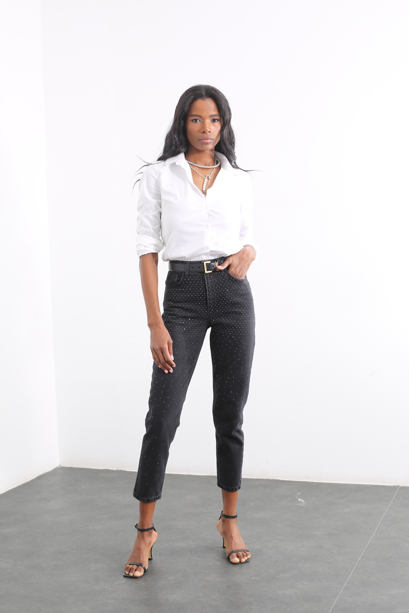 Füme Yüksek Bel Taşlı Mom Jean K22401-T