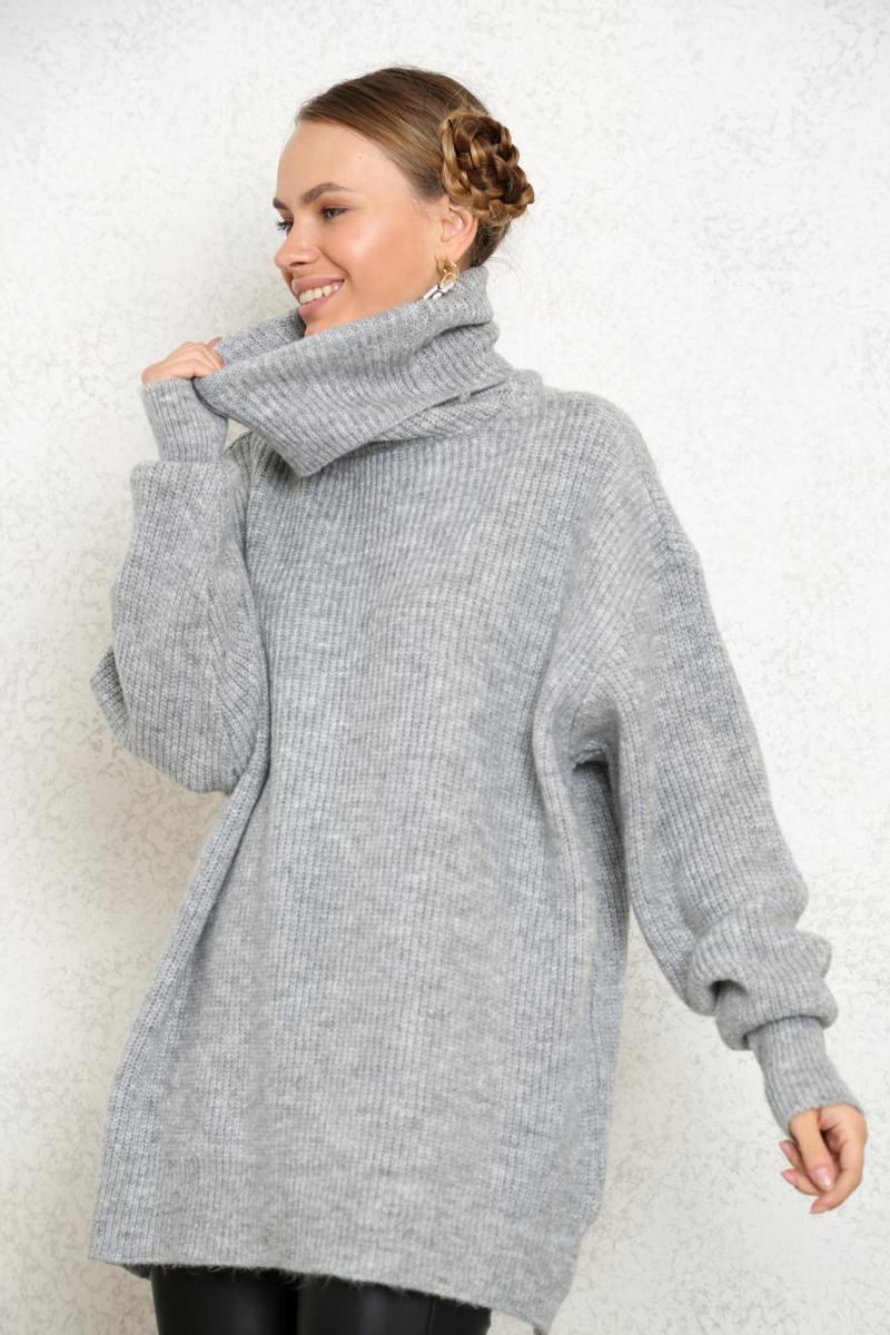Gri Balıkçı Yaka Oversize Kazak